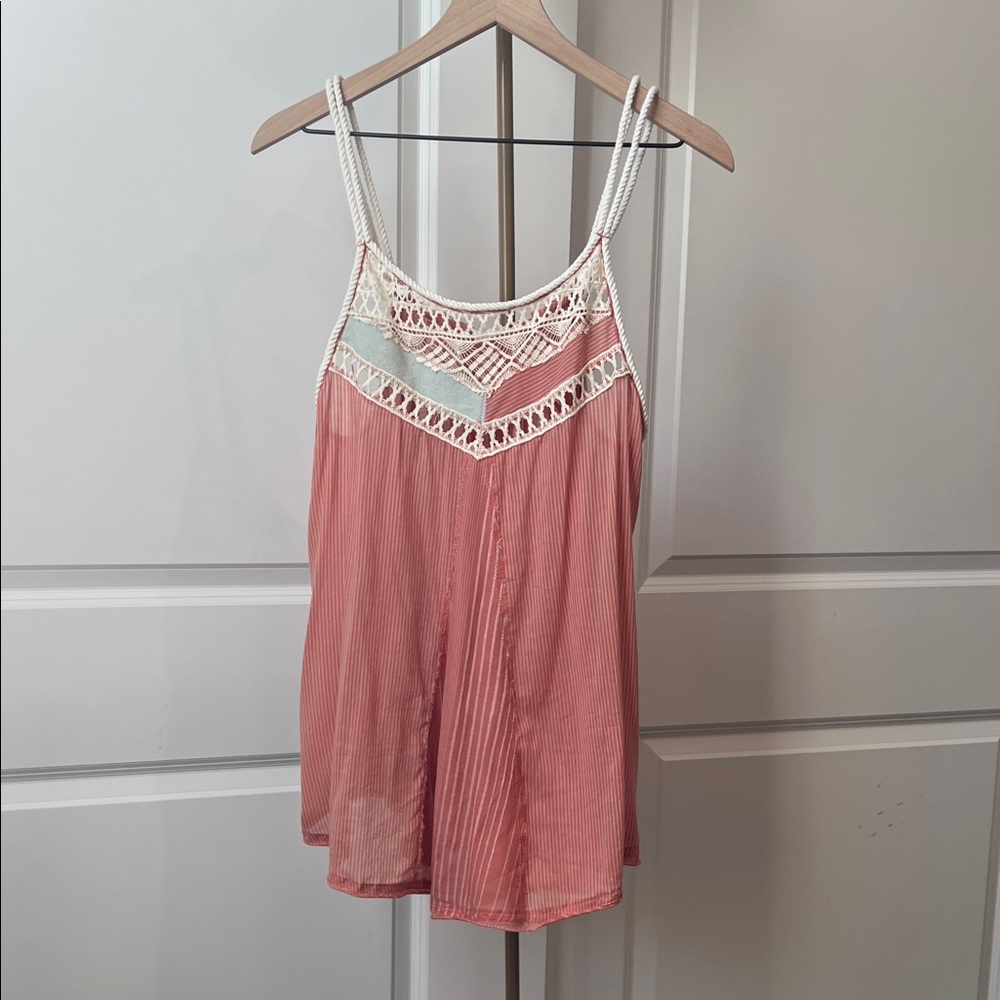 Free People Pink Lace denim Trim Women's Top NWT